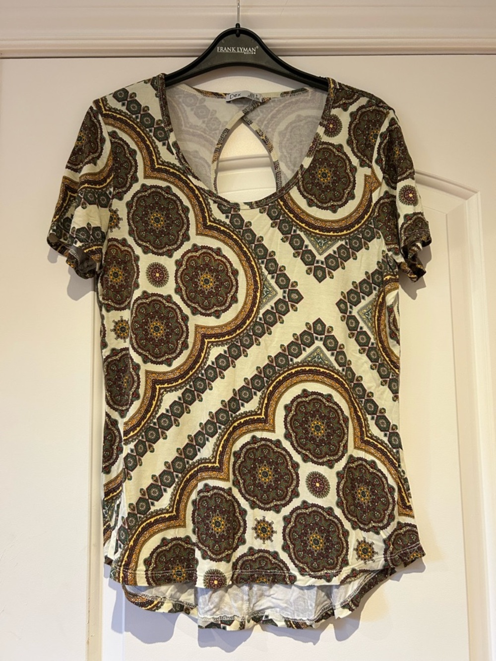 Dex Cream, Brown & Olive Printed Short Sleeve Top